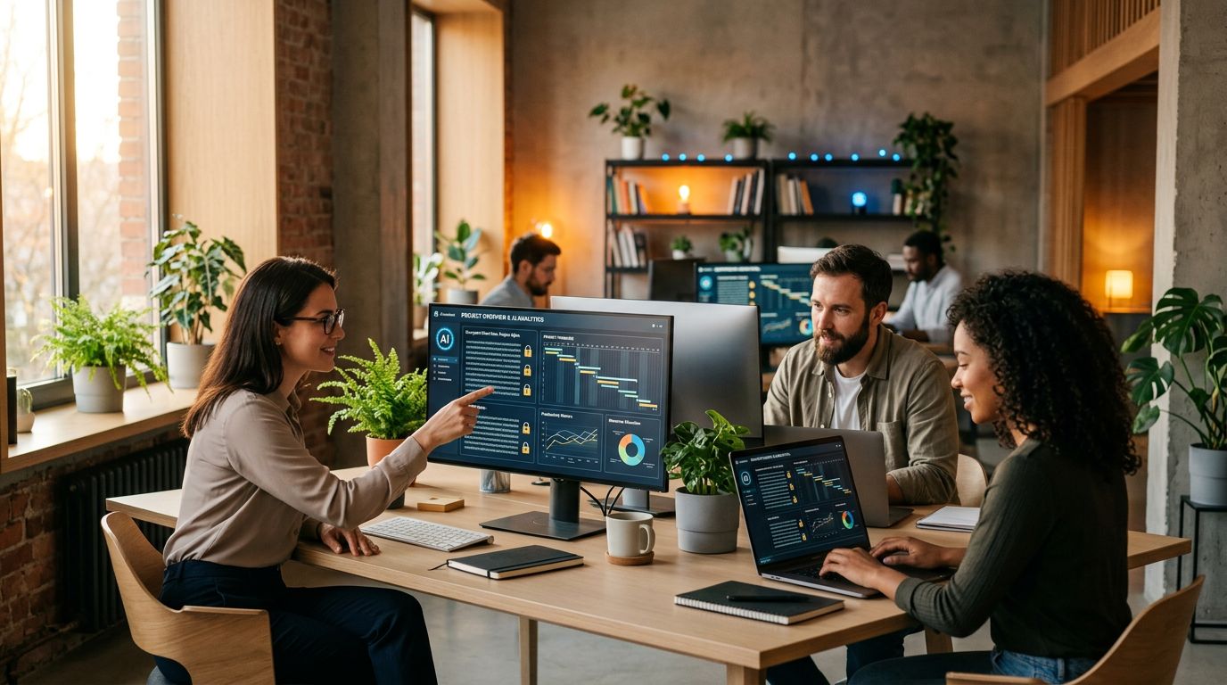 Agency team using an AI assistant with a productivity dashboard and secured client data