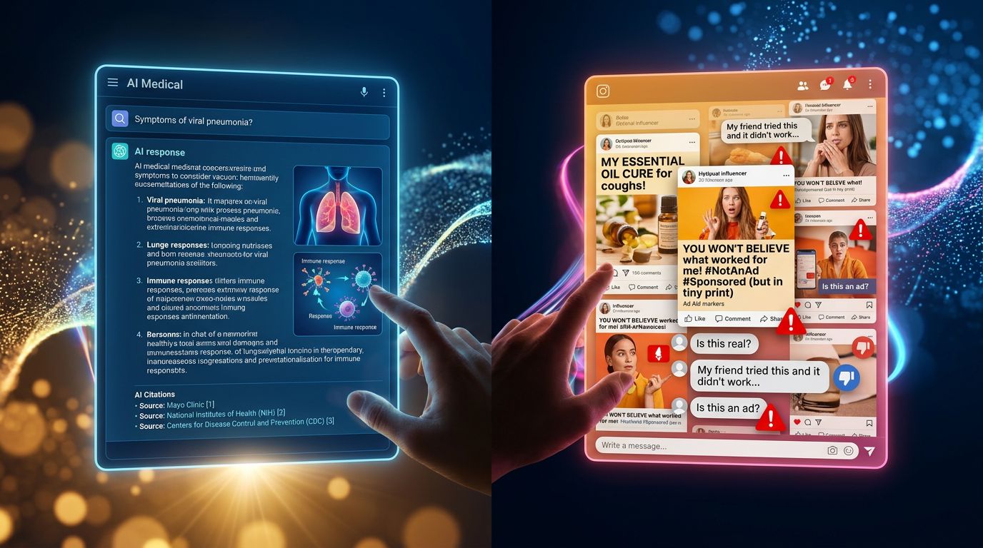 Visual comparison between a reliable AI medical interface and a controversial influencer's social media feed