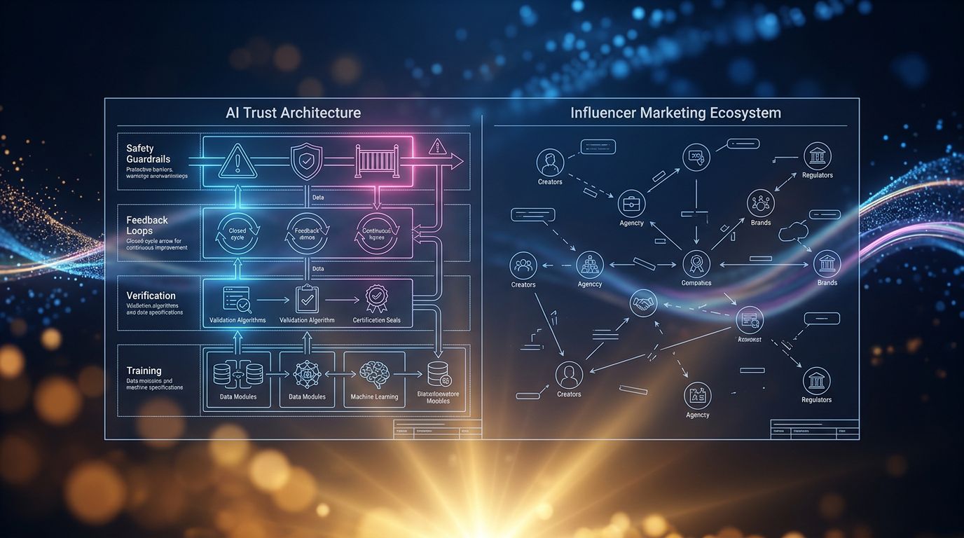 Diagram comparing the structured trust architecture of AI versus the fragmented ecosystem of influencer marketing
