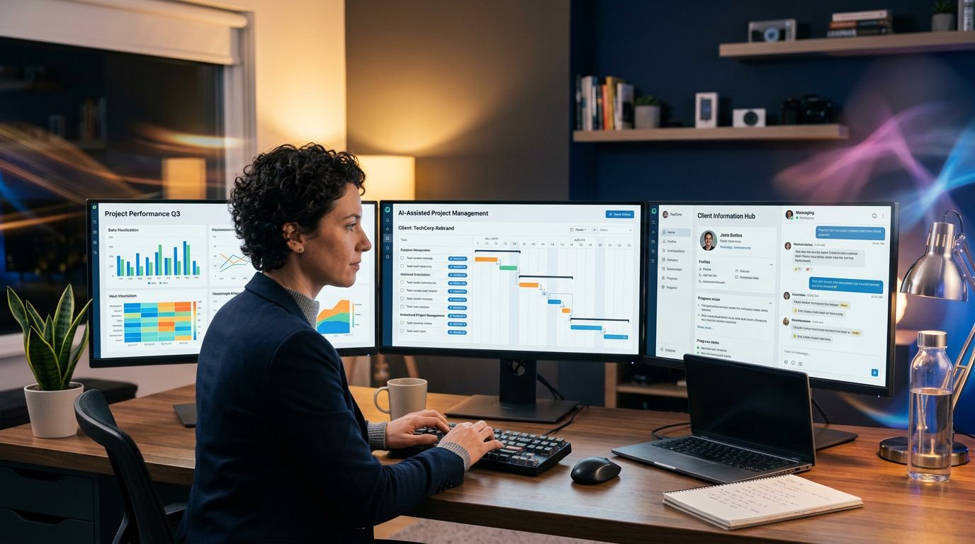 Professional working in synergy with AI tools in an organised and efficient work environment
