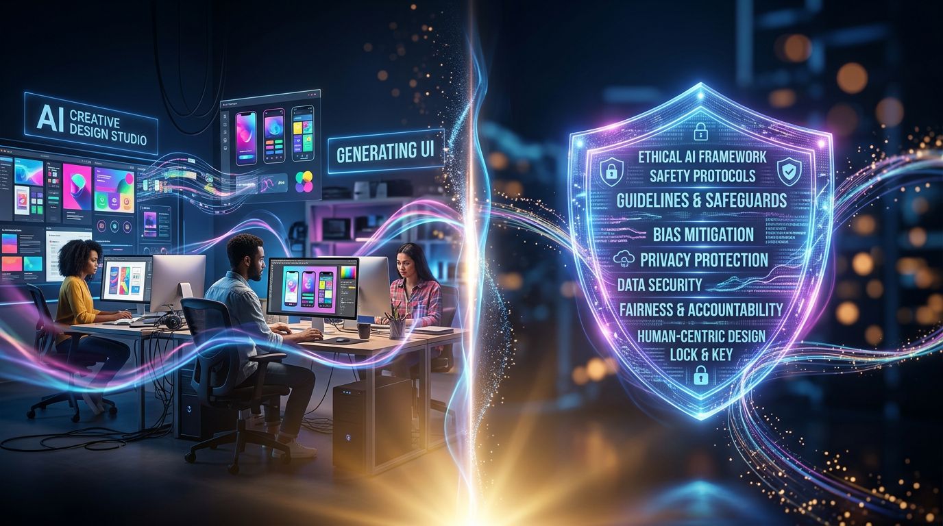 Conceptual illustration showing the duality between AI creativity and ethical protection