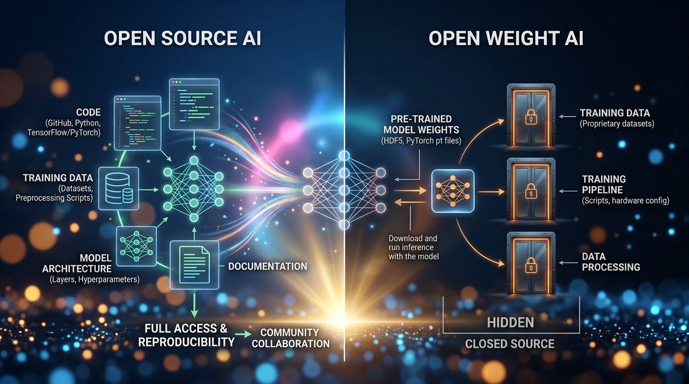 Diagramme comparatif illustrant la différence entre IA open source et modèles open weight