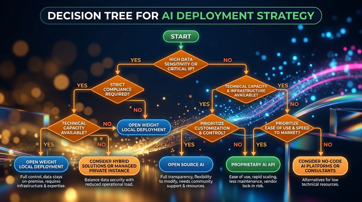 Arbre de décision pour choisir entre API propriétaire, open weight local et IA open source