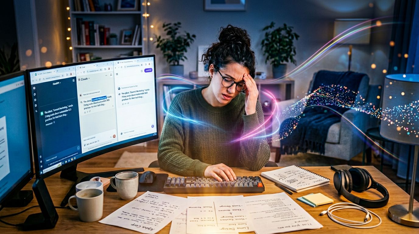 A frustrated freelancer re-entering the same client context into multiple AI windows simultaneously