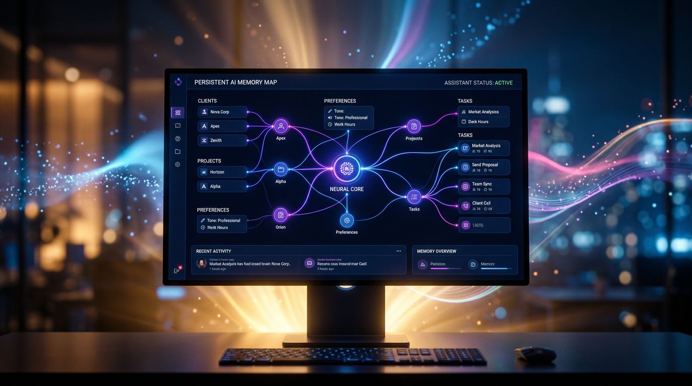A persistent-memory AI assistant interface showing connections between clients, projects, and preferences