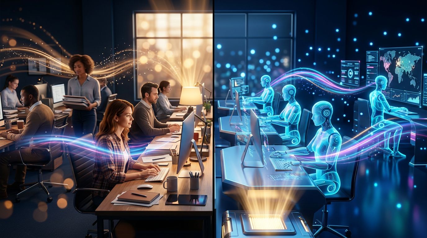 Illustration montrant des employés humains remplacés progressivement par des agents IA dans un bureau moderne