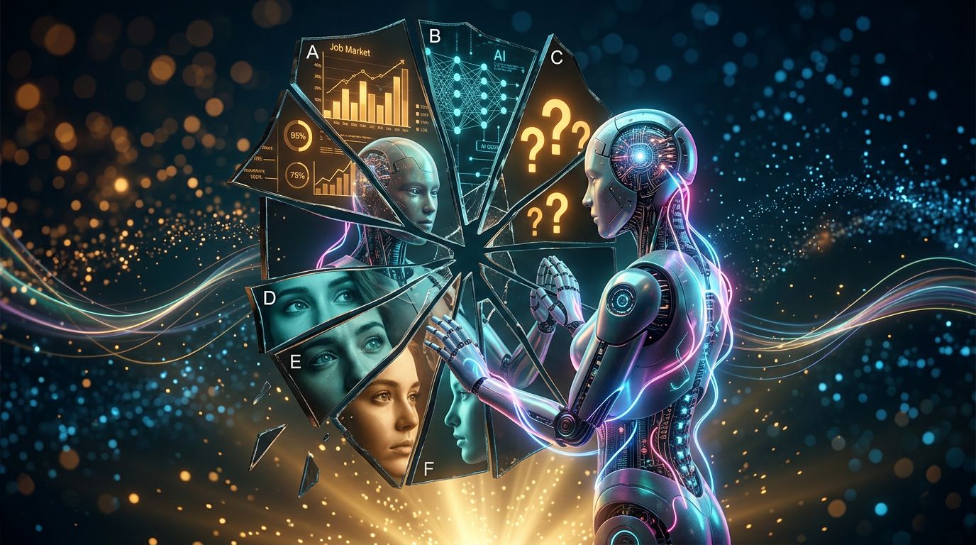 Représentation conceptuelle d'une IA regardant dans un miroir fragmenté, reflétant emplois, réseaux neuronaux et questions philosophiques