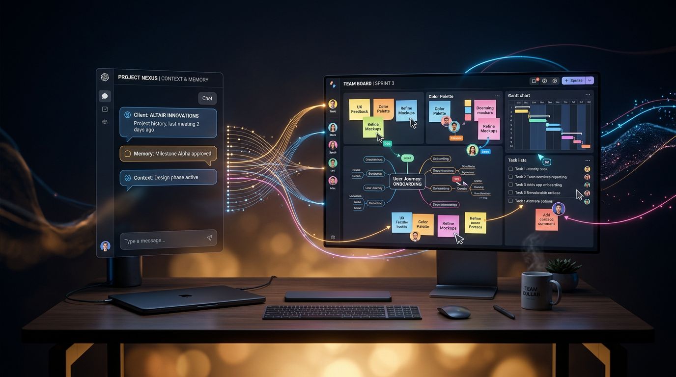 Interface de workflow intégré combinant assistant IA avec mémoire et tableau de collaboration visuelle en équipe