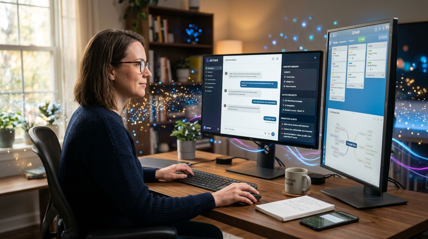 Freelance utilisant un assistant IA avec mémoire contextuelle et tableau de collaboration visuelle intégré