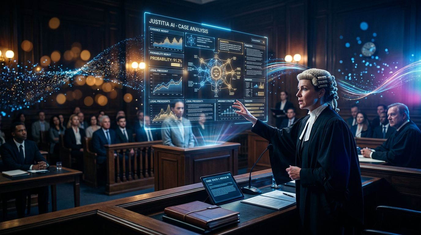 A traditional courtroom with AI digital interface elements overlaid, symbolizing the tension between justice and artificial intelligence
