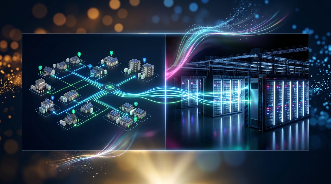 Visualization of a distributed virtual power plant connected to a data center, illustrating AI-managed energy balancing