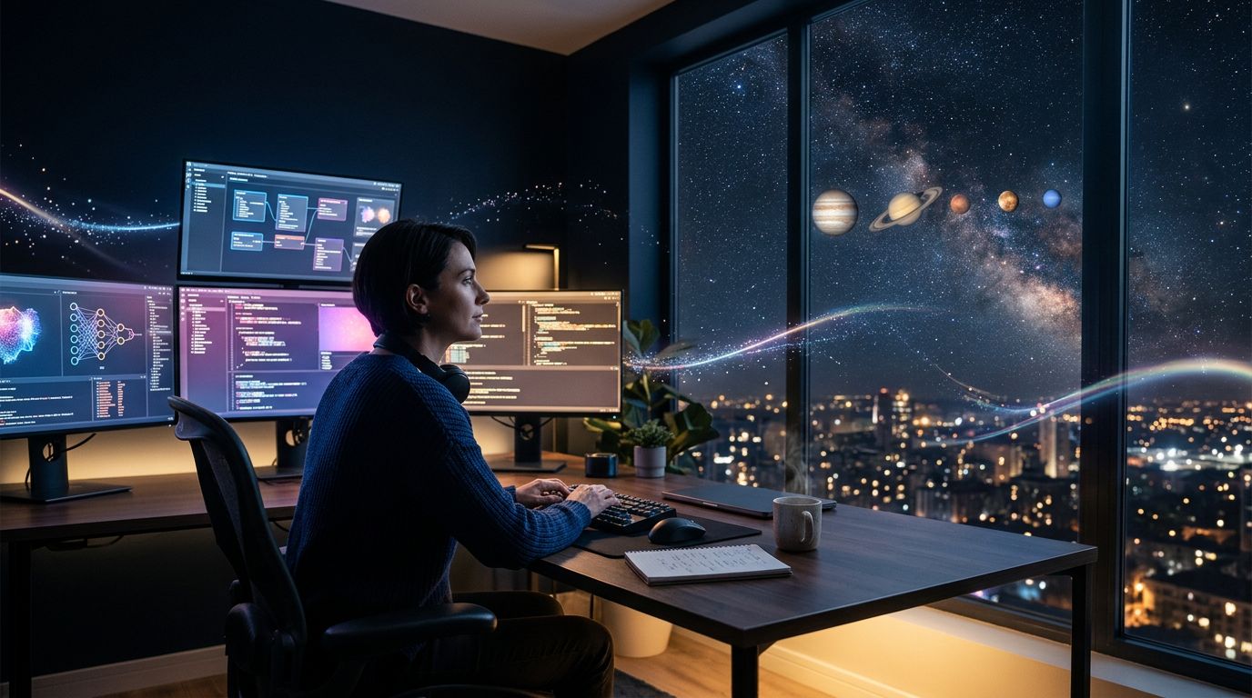 A professional working at night with AI screens, looking out at a starry sky with a visible planetary conjunction