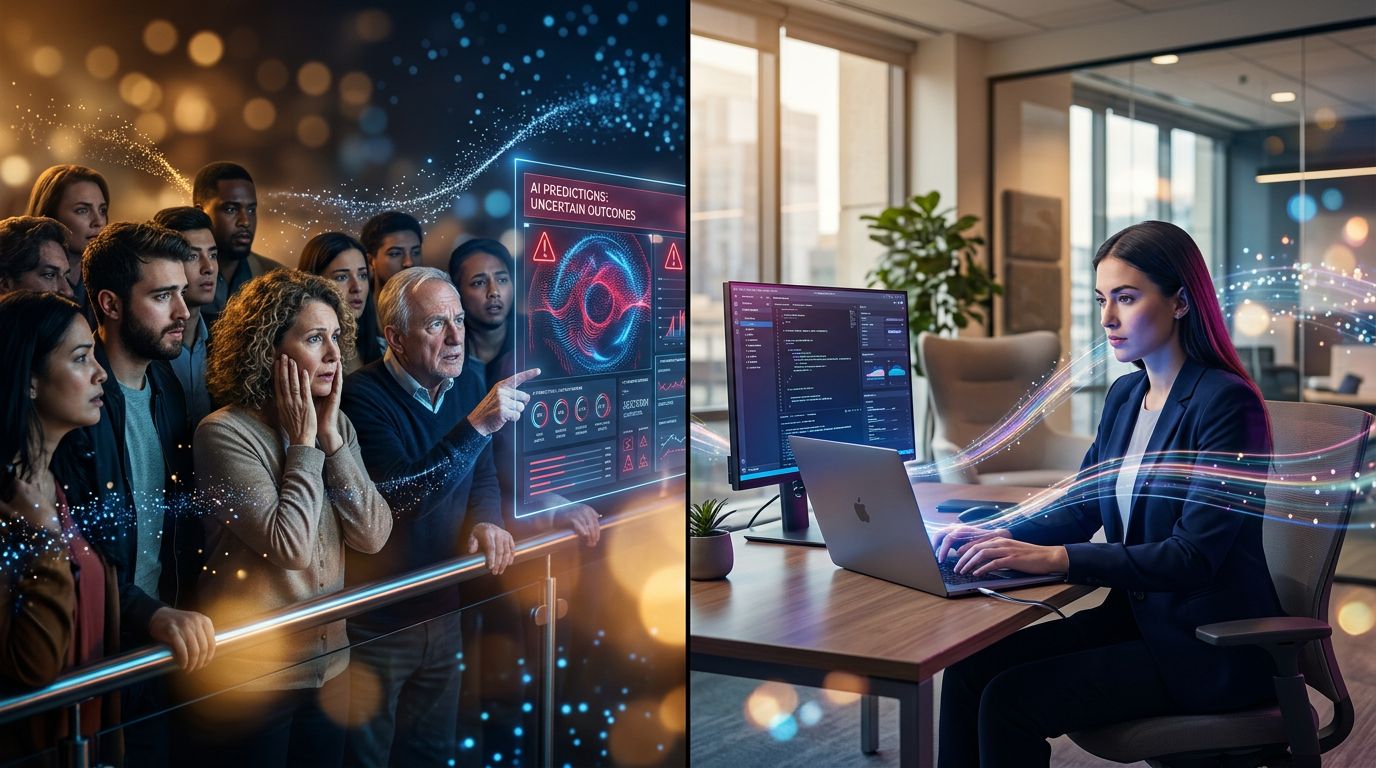 Illustration contrasting general public distrust of AI with calm adoption by professionals