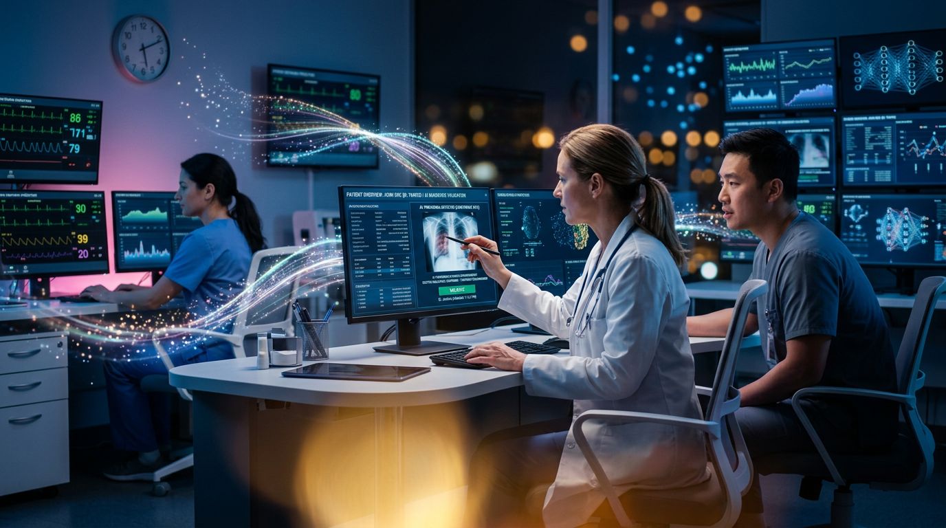Doctors supervising AI recommendations in a modern hospital environment