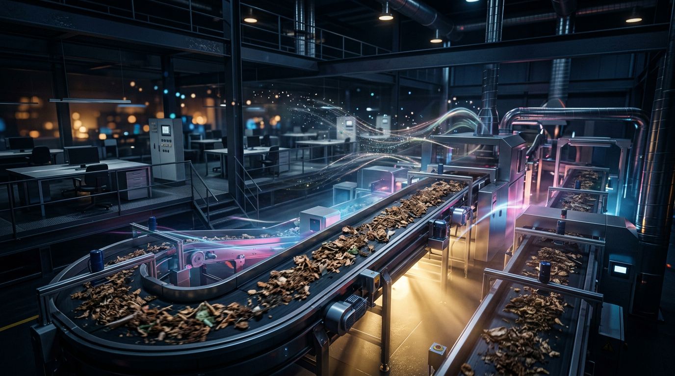 Automated factory with empty workstations, illustrating the paradox of industrialisation and job cuts