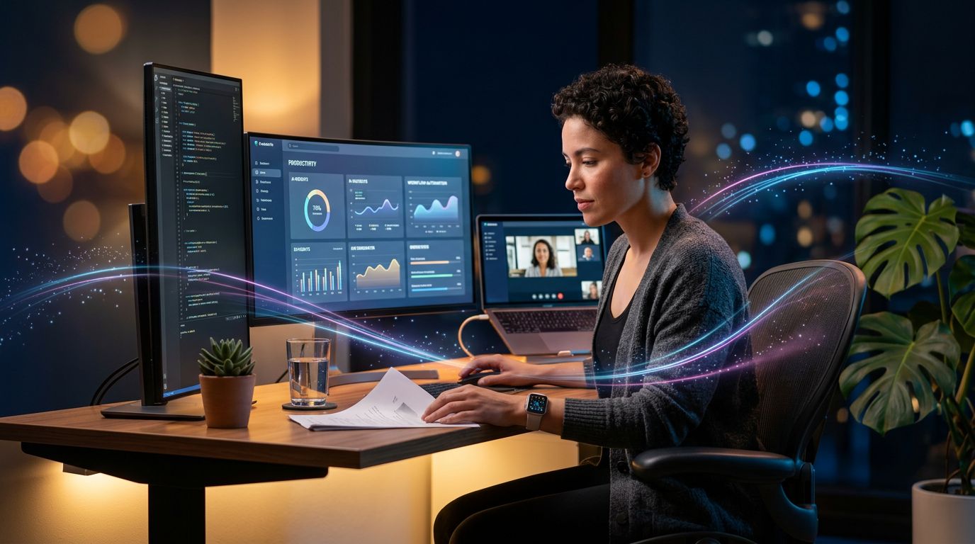 Freelancer working with AI tools across multiple screens, illustrating adaptation to new market realities