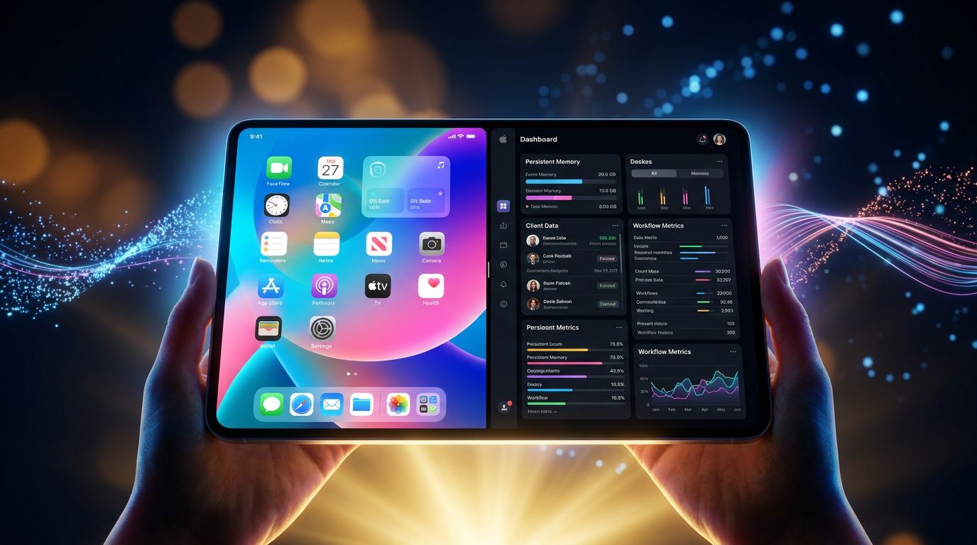 iOS 27 Liquid Glass interface compared to a productivity dashboard with persistent memory