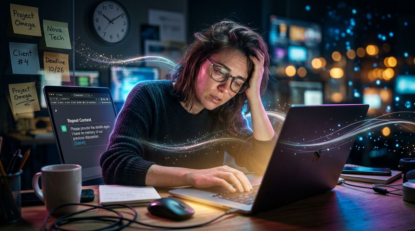 Exhausted freelancer re-explaining client context to an AI with no persistent memory