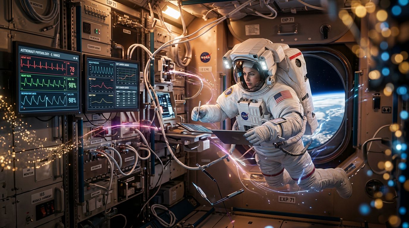 Astronaute dans l'ISS entouré de données physiologiques, avec la Terre visible par le hublot