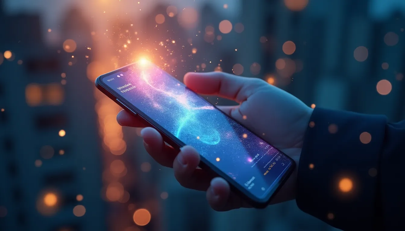 Android smartphone displaying an AI assistant interface in a modern urban environment