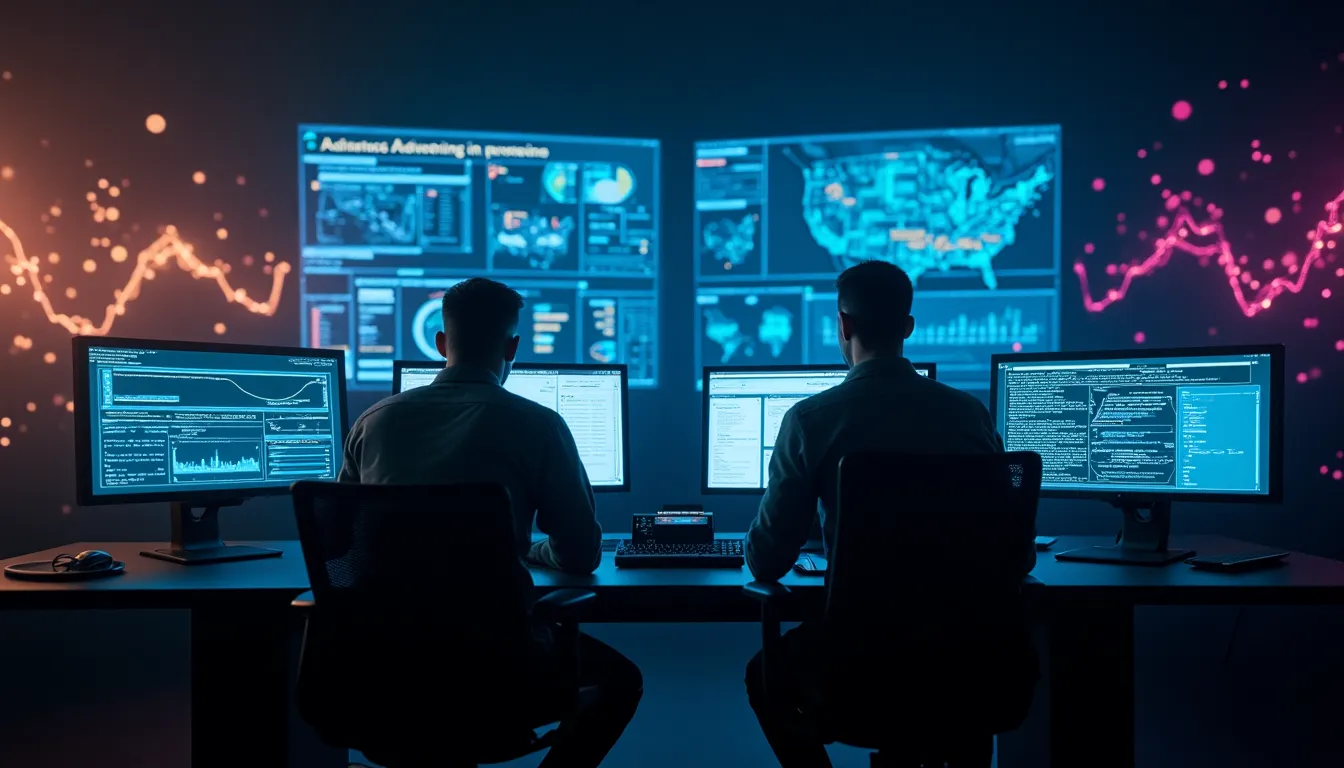 Government operations center with AI data analysis on multiple screens