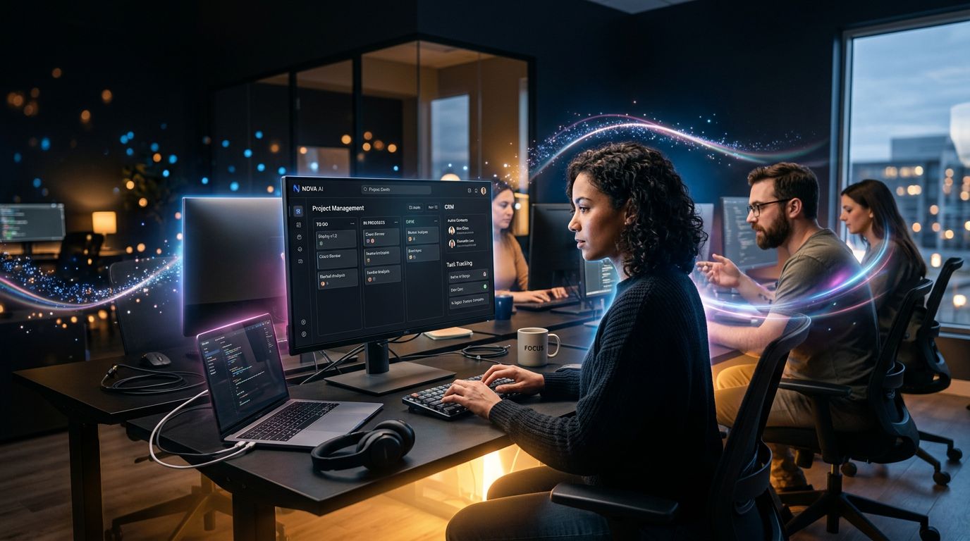 Team of freelancers working efficiently with an AI assistant integrated into their workflow