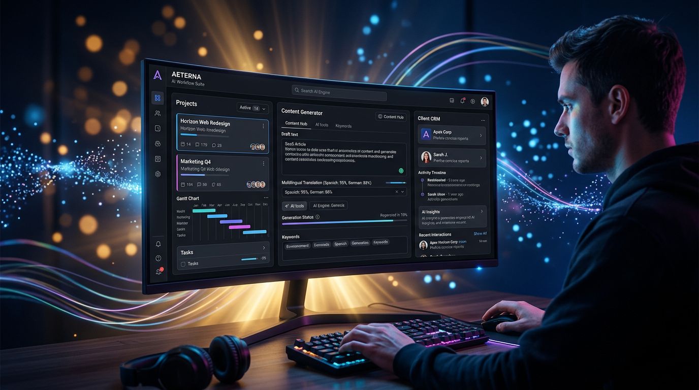 AI productivity interface with project management, client memory, and multilingual tools