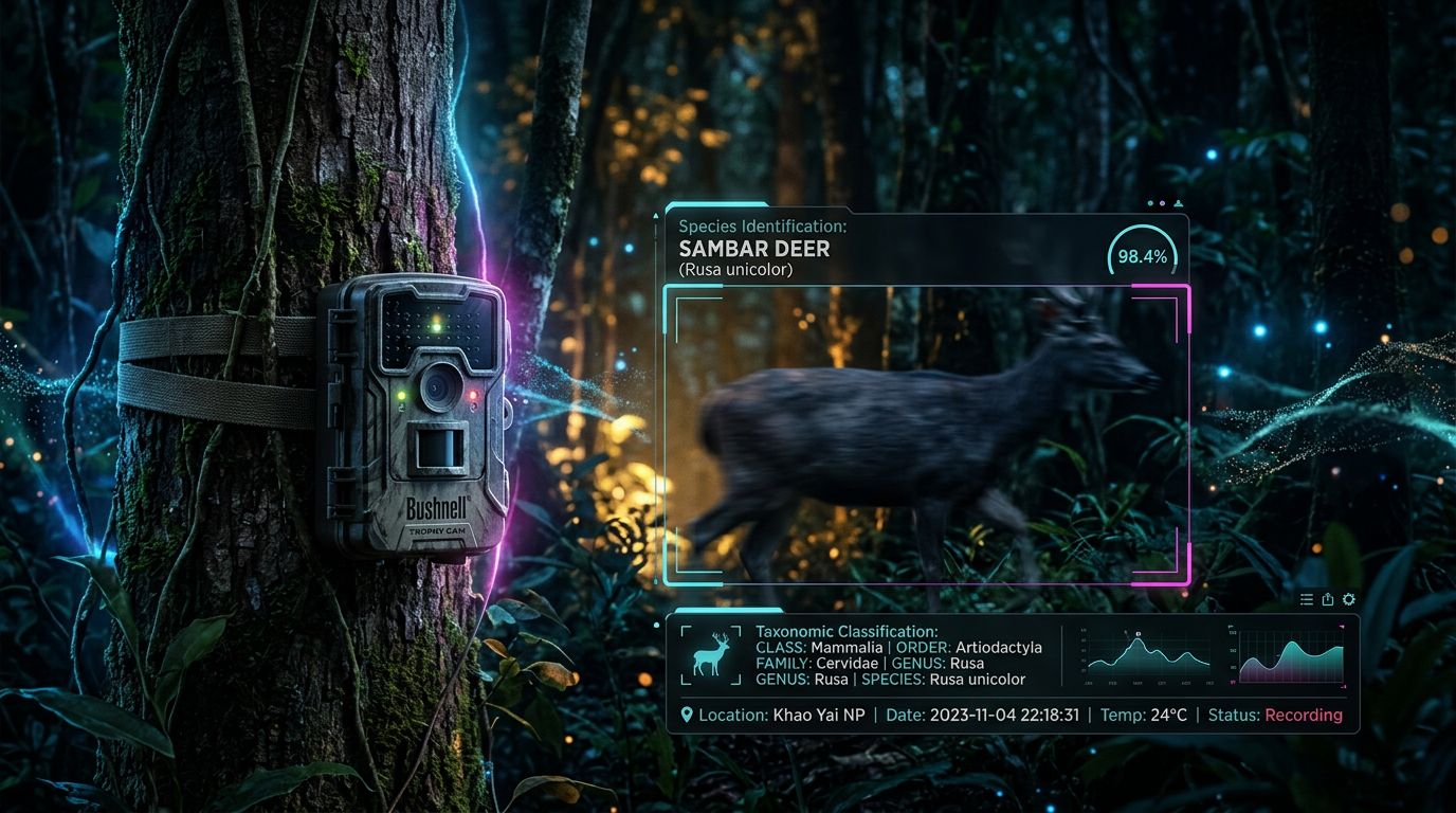 Camera trap in forest with AI interface identifying an animal species in real-time