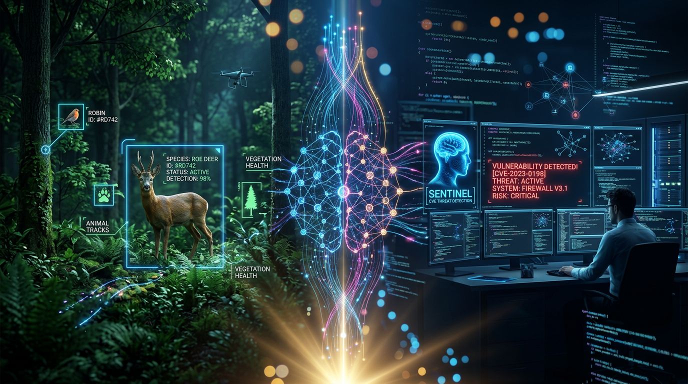 Two-part illustration showing AI protecting wildlife and cybersecurity simultaneously