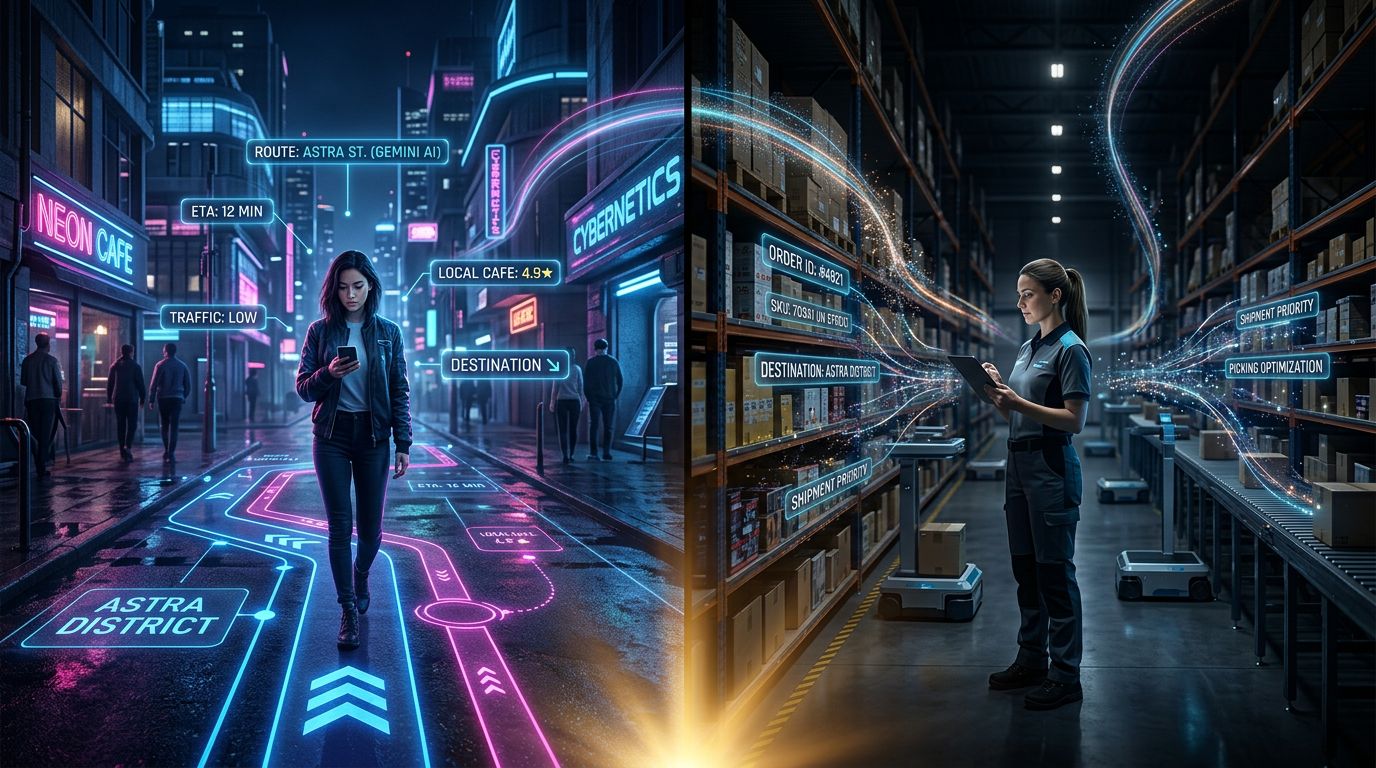 AI illustration showing augmented navigation in a city and e-commerce catalog management in parallel