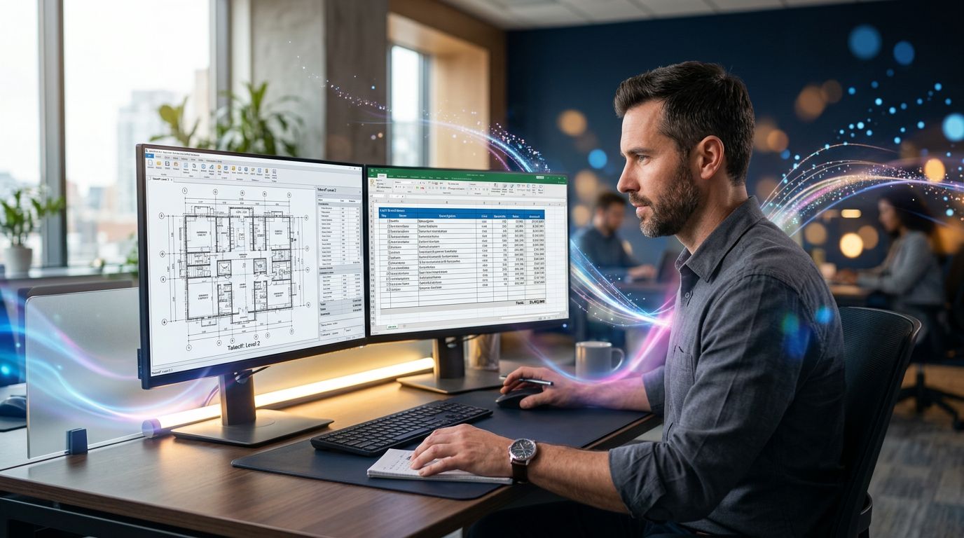 A construction estimator using digital takeoff software on two screens with drawings and cost breakdown