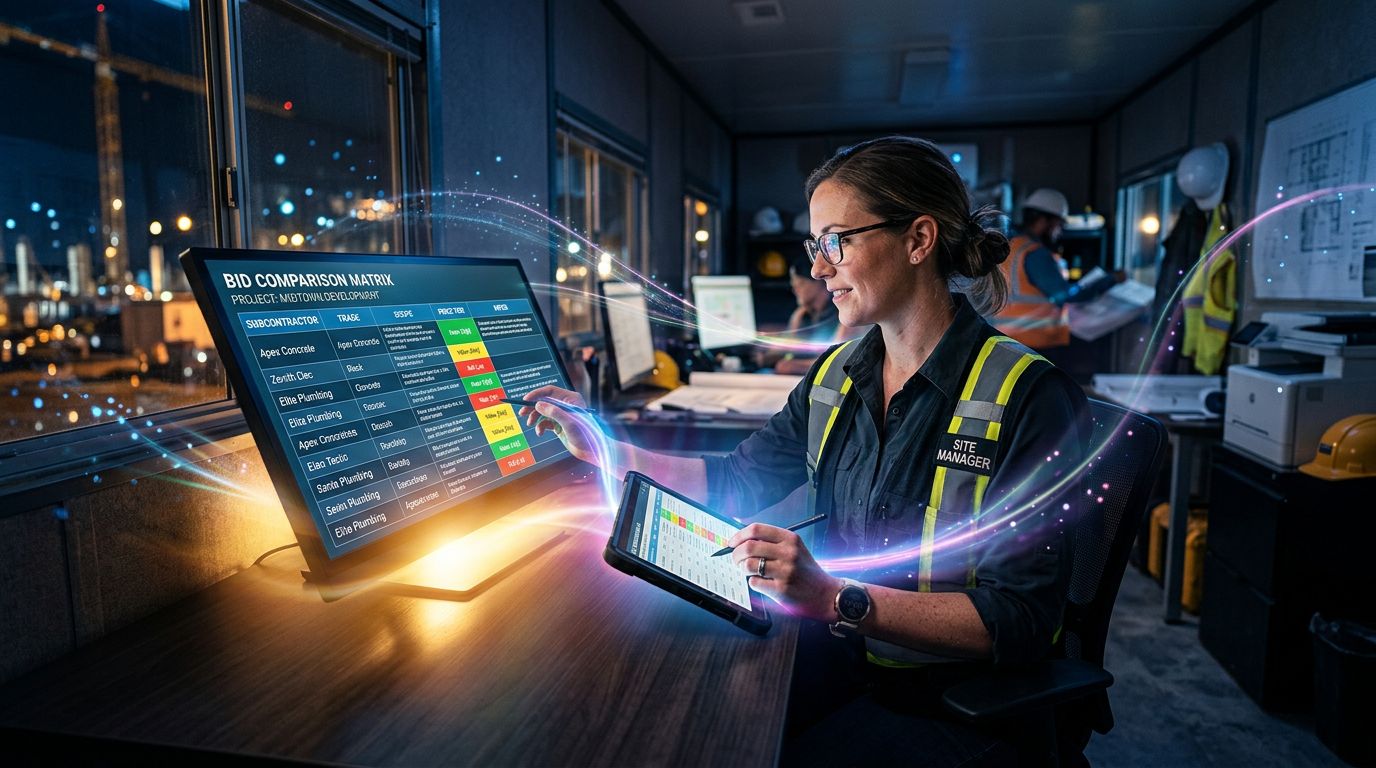 A construction project manager comparing subcontractor bids on a tablet with a comparison matrix