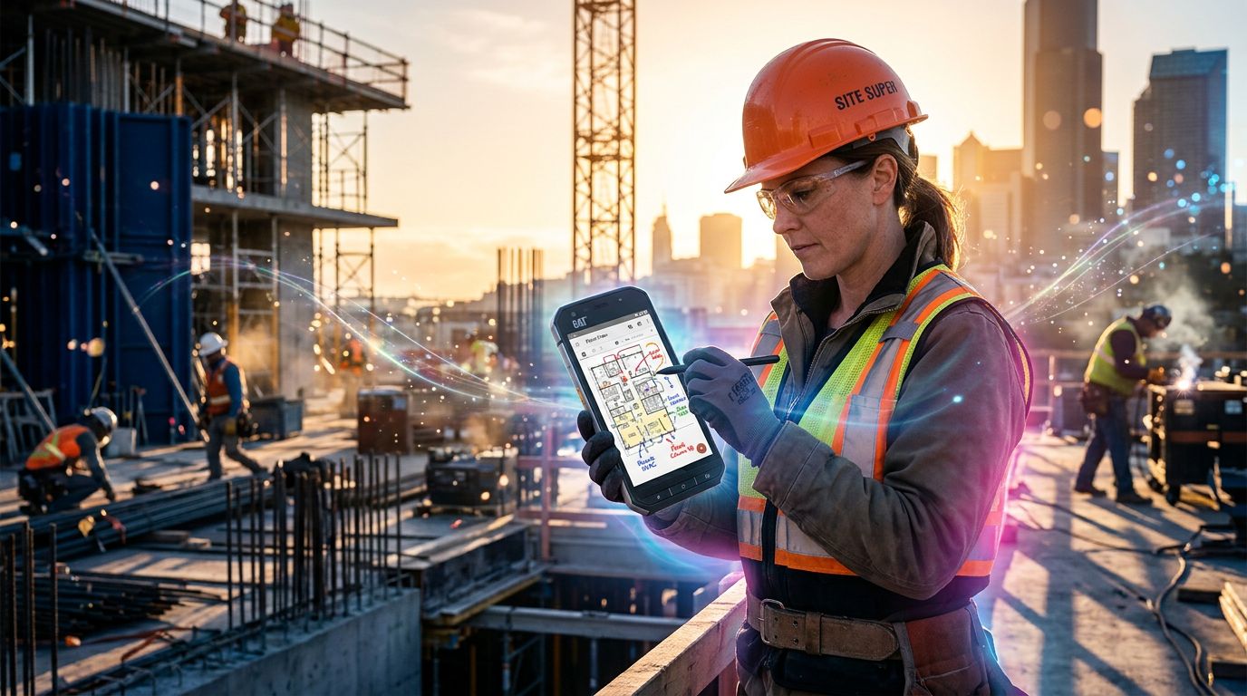 A site manager reviewing annotated digital drawings in real time on an active construction site