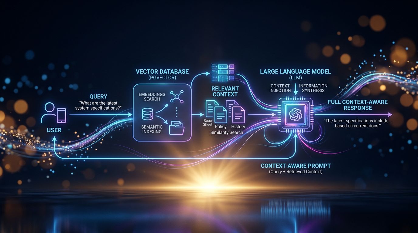 Technical diagram showing how a vector database injects context into an LLM to give it persistent memory