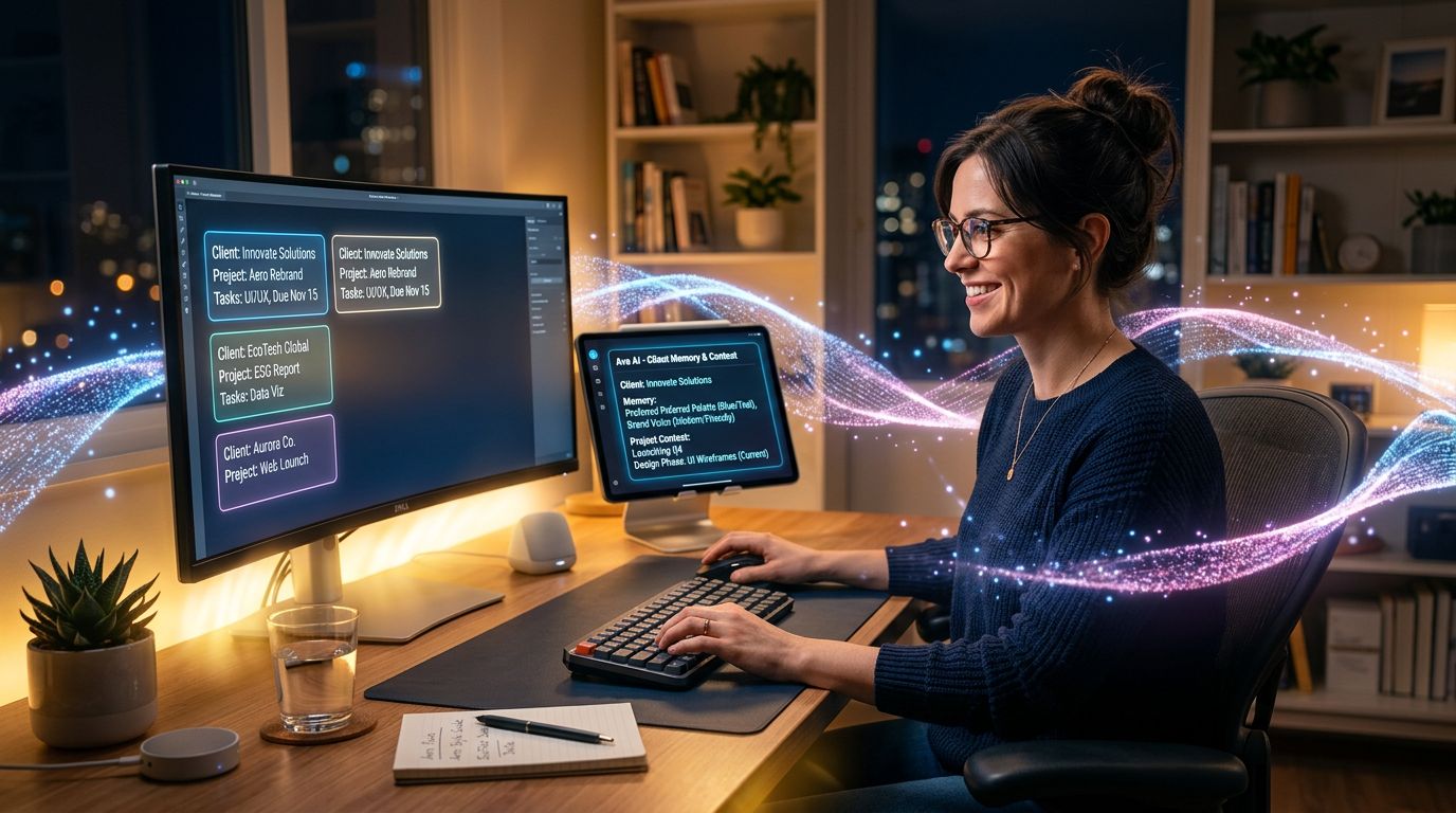 A freelancer consulting their AI assistant that automatically displays the complete context of a client without needing to explain it