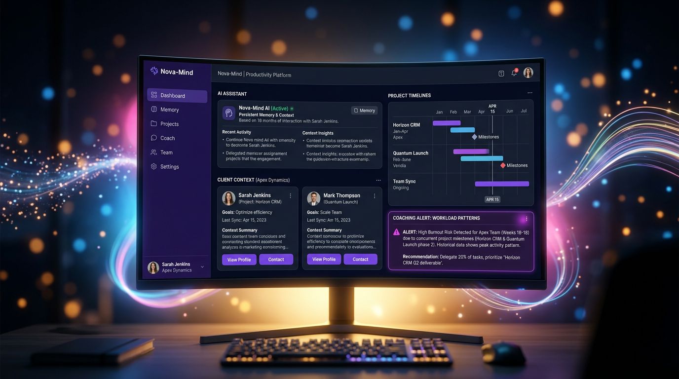 Nova-Mind interface showing the AI assistant with persistent memory, client files, and proactive coaching alerts