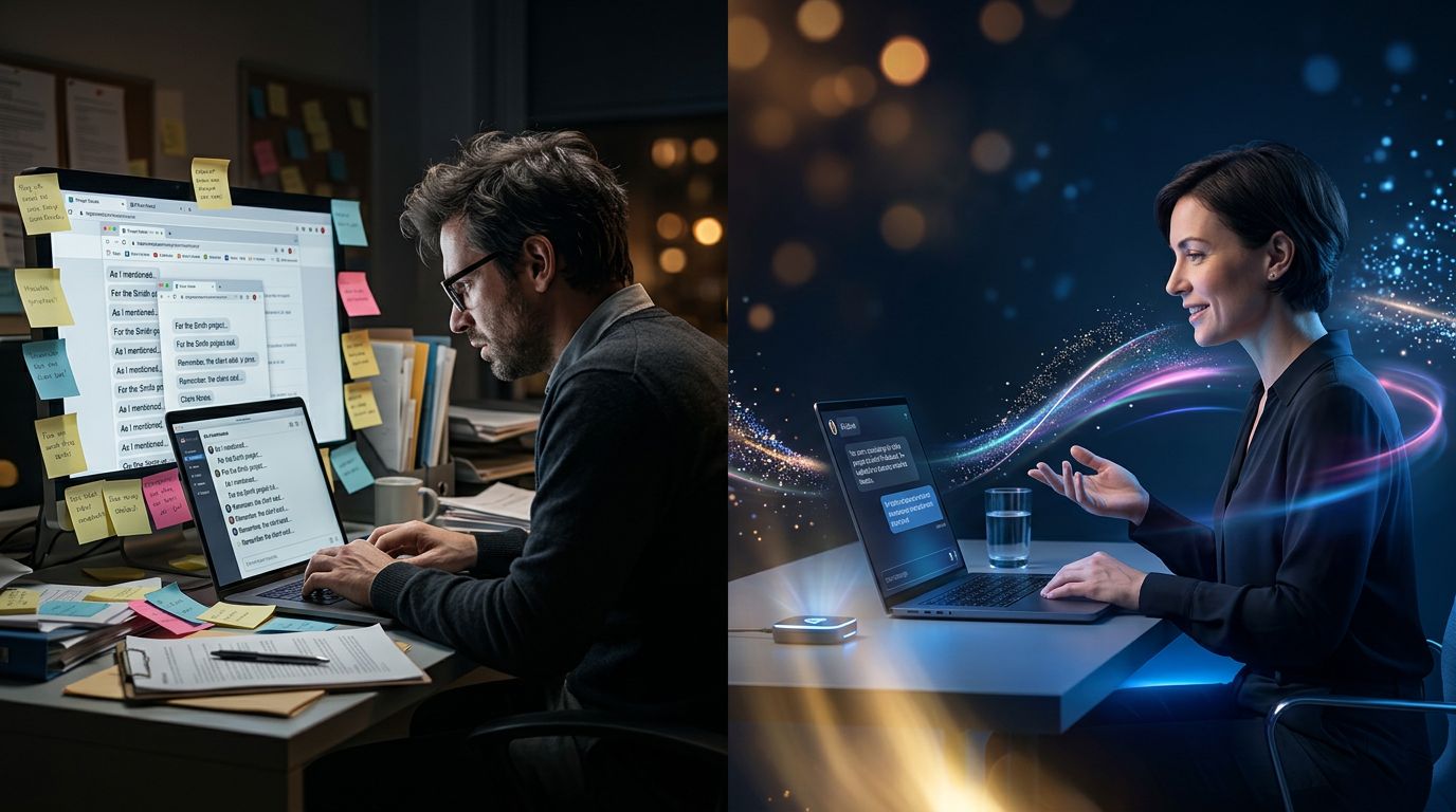 Un freelance qui perd du temps à ré-expliquer le contexte à son IA, comparé à un workflow fluide avec mémoire persistante
