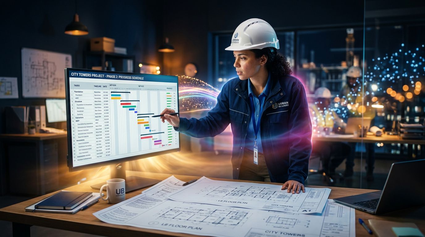 Chef de projet construction analysant un diagramme de Gantt détaillé sur écran dans un bureau de chantier