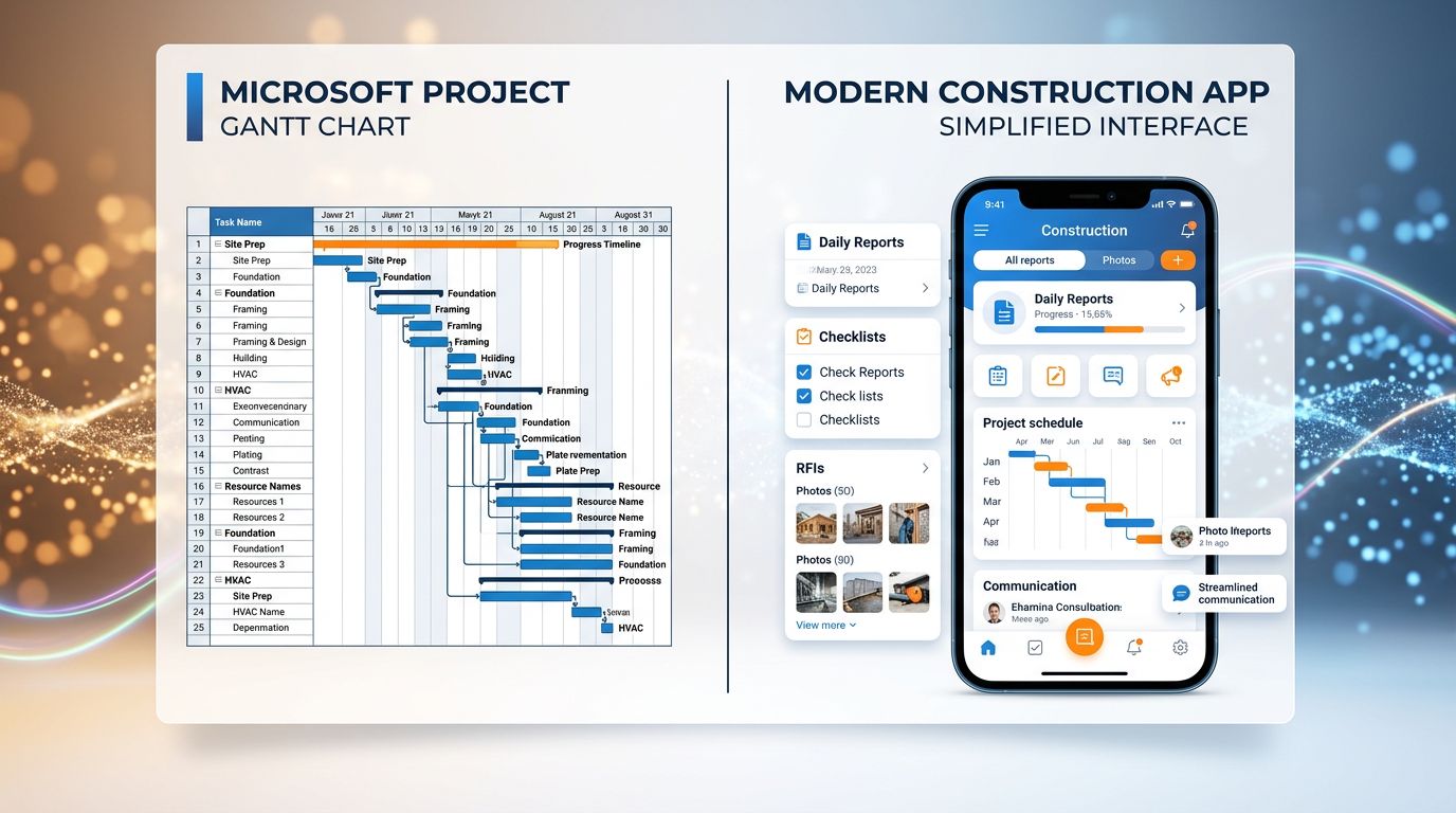 Comparaison entre interface Microsoft Project et application moderne de gestion de chantier mobile