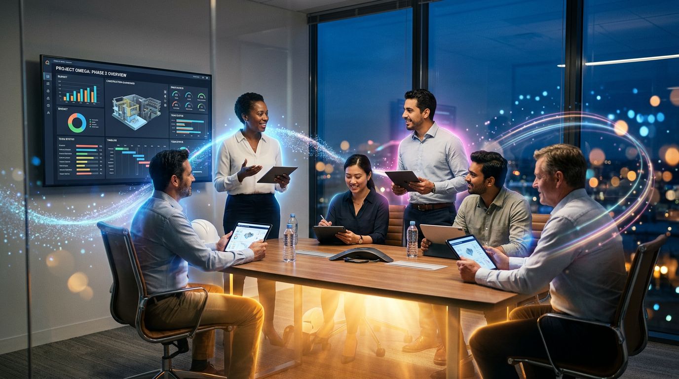 Équipe construction collaborant sur des tableaux de bord projet partagés en réunion