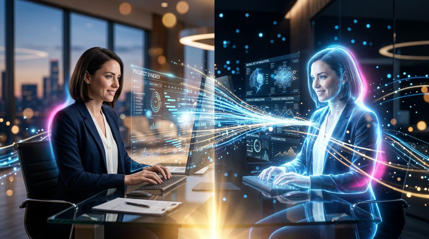 A professional and their AI digital twin working in parallel on different tasks