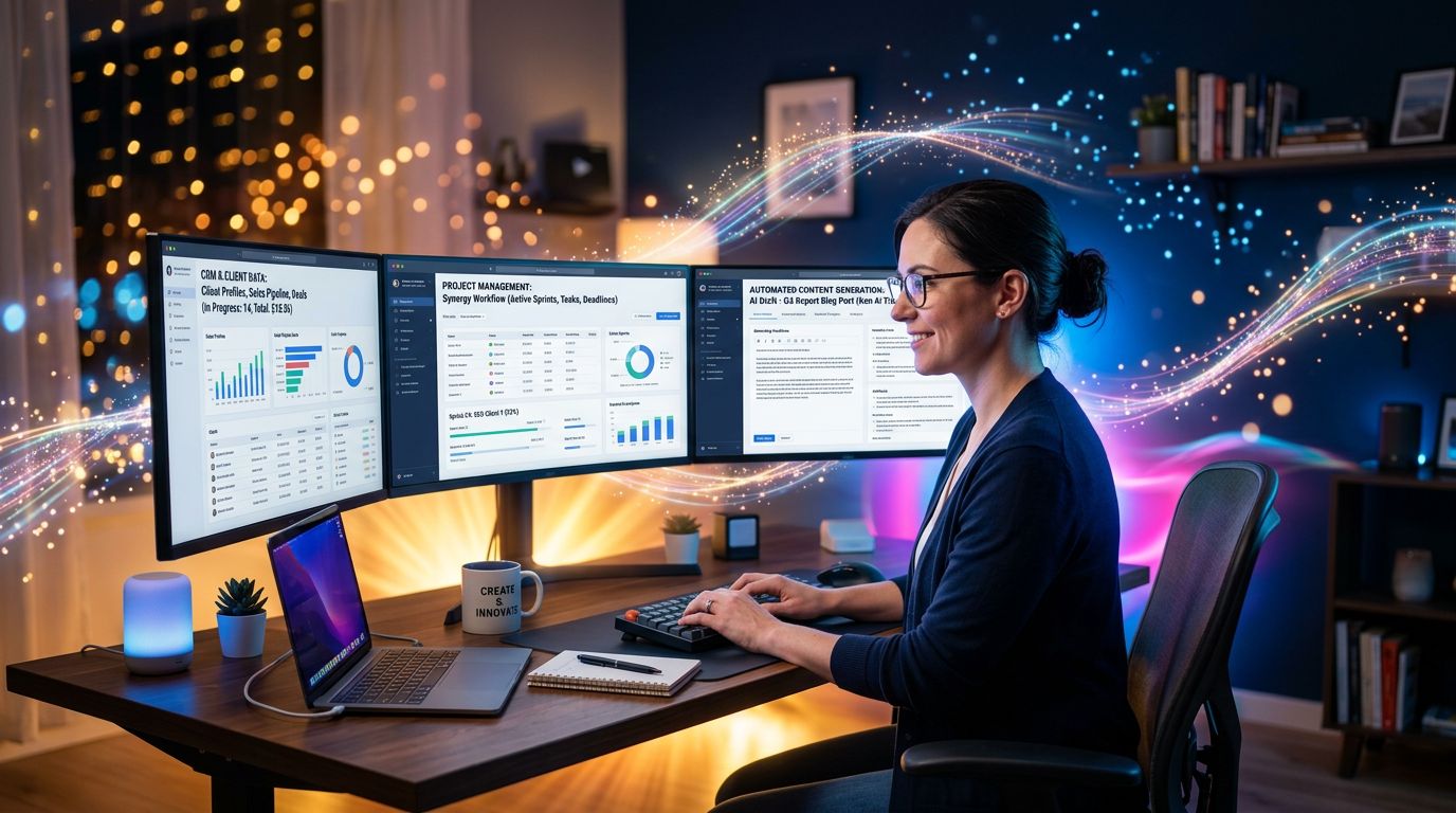A freelancer using an integrated AI stack to manage projects, clients, and content from a single workspace
