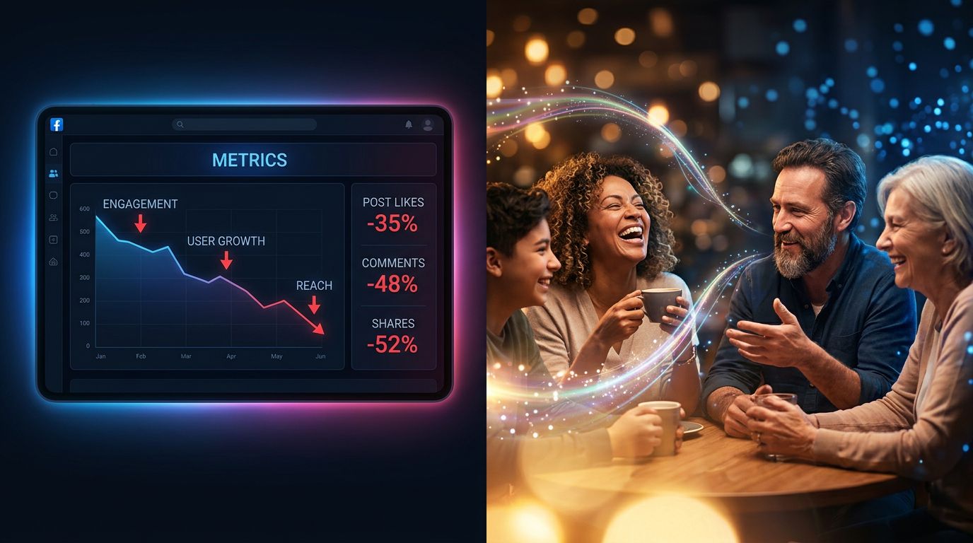 Meta dashboard with declining metrics on one side, engaged and smiling users on the other