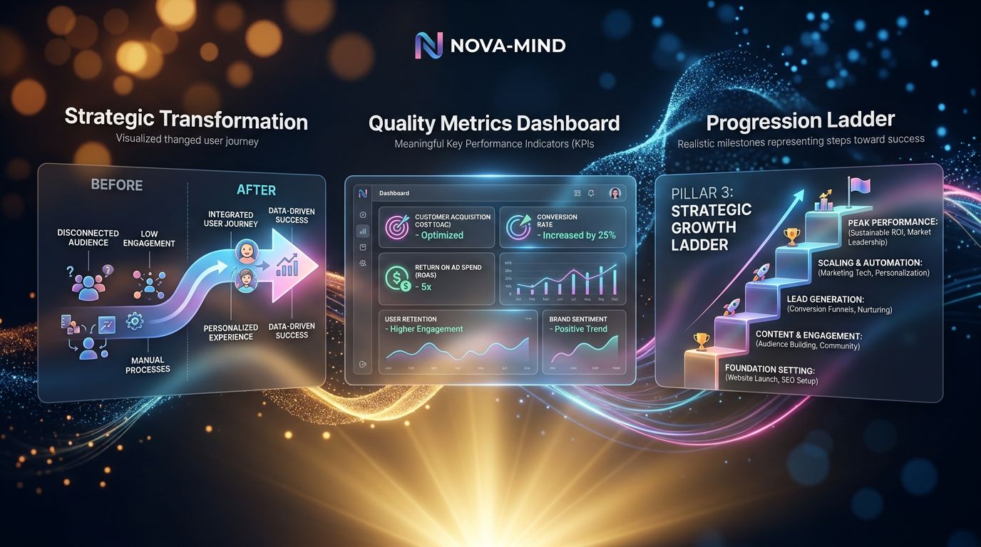 Three strategic pillars for effective digital marketing: transformation, quality metrics, and progression