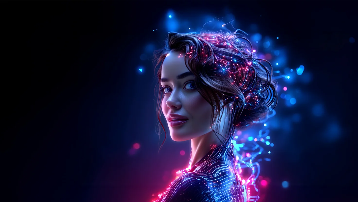 Artistic portrait of Nova in double-exposure with data flows and context engineering