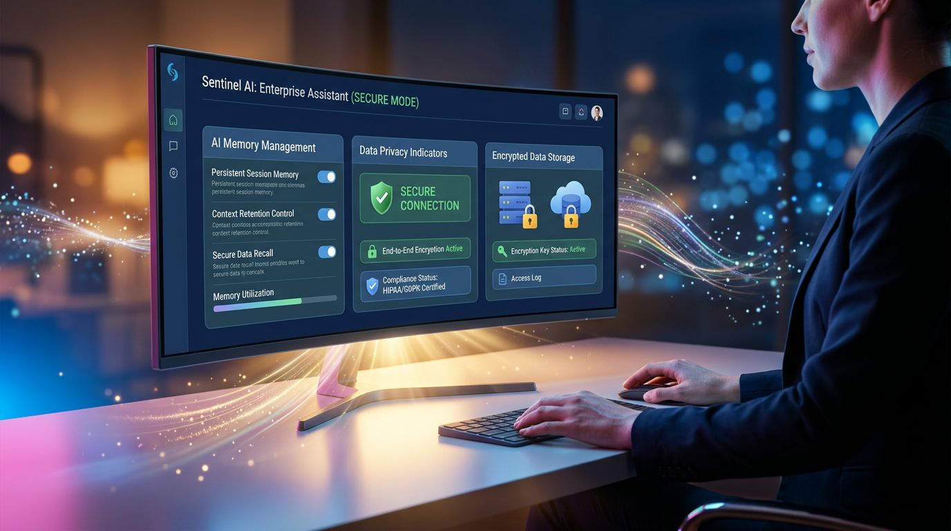 Interface d'un assistant IA avec contrôles de confidentialité et gestion de la mémoire sécurisée