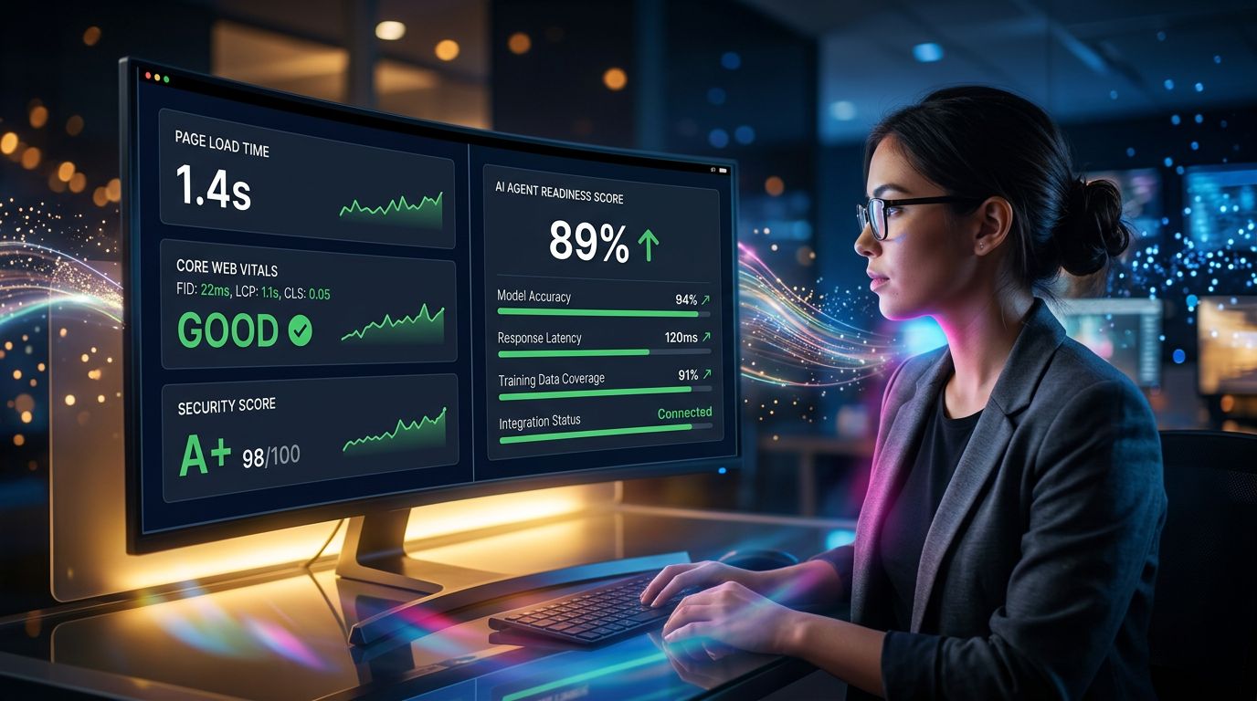 Dashboard showing a website's technical performance metrics and its AI compatibility score
