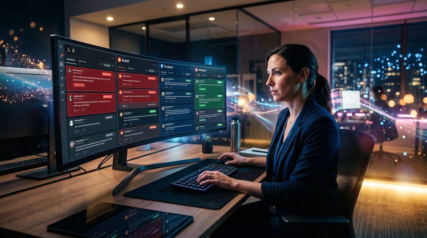 Community manager using AI tools to moderate comments across multiple social platforms
