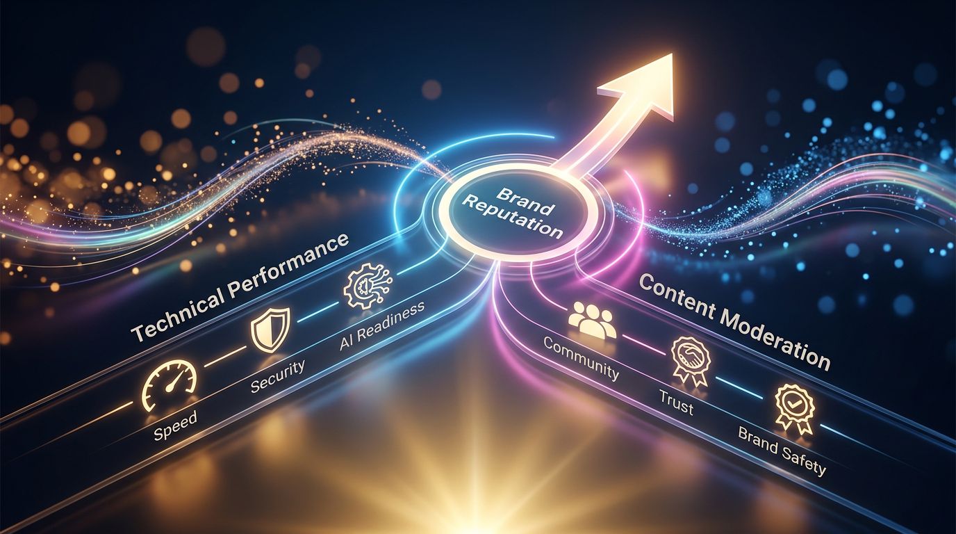 Diagram illustrating the convergence of technical performance and content moderation into a solid brand reputation
