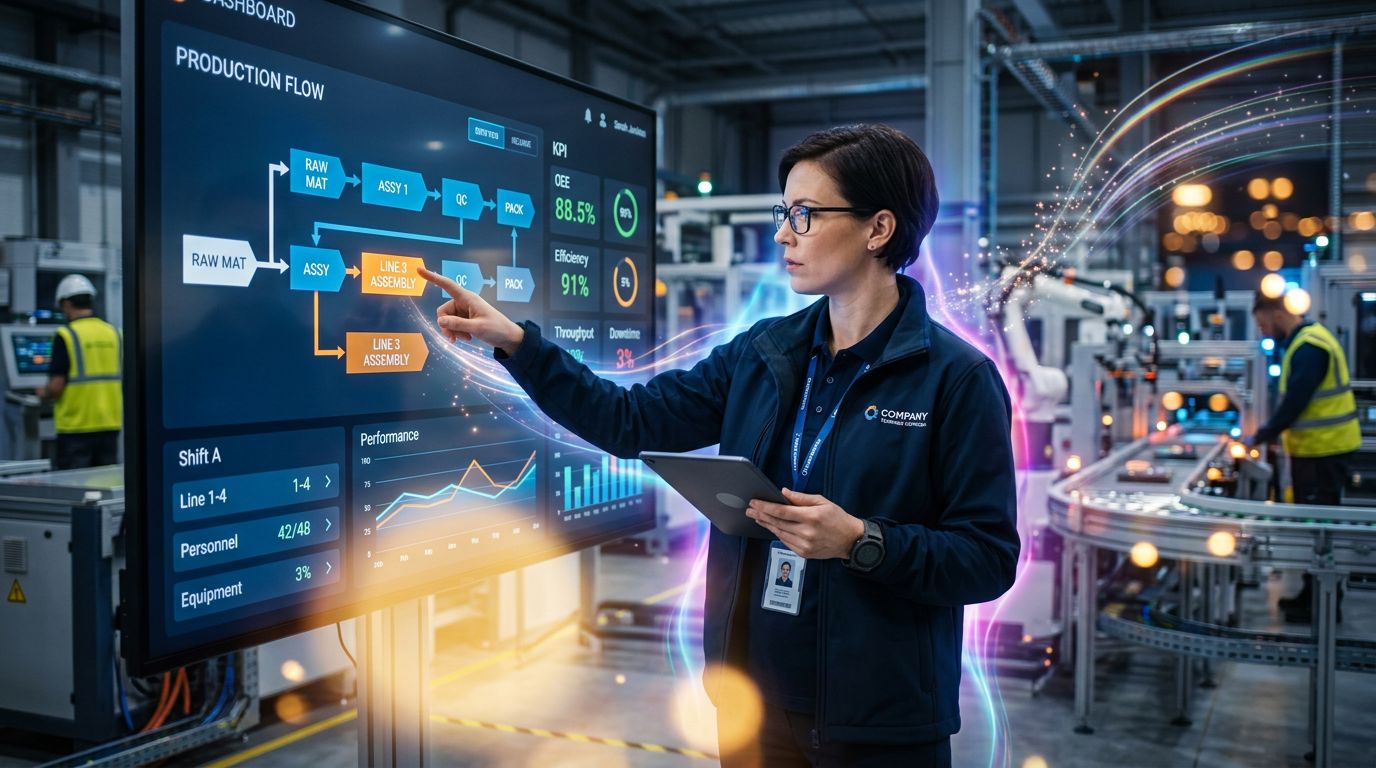Project manager in front of an industrial production dashboard with metrics and data flows